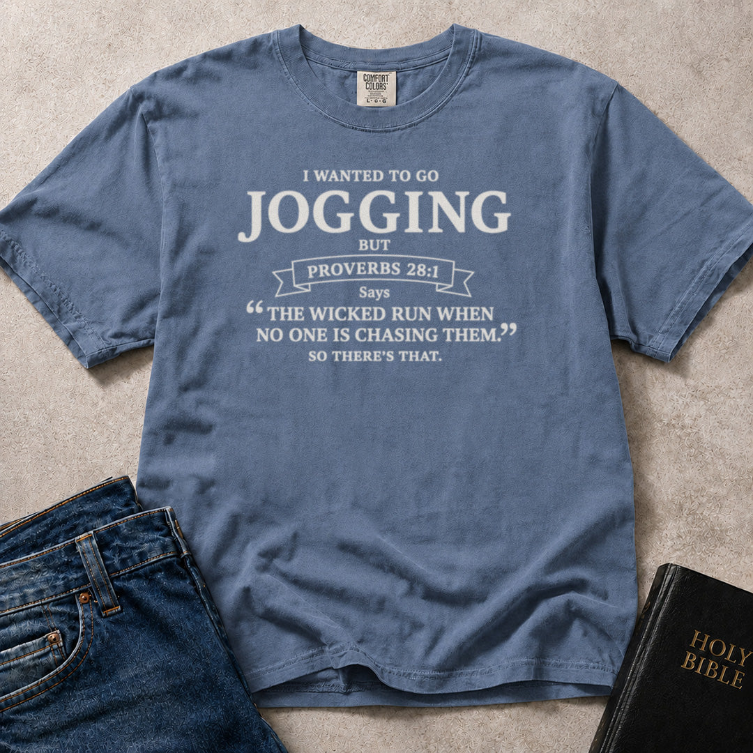 Blue (Blue Jean) Comfort Colors® 1717 tshirt showcasing a funny scripture inspired typographic design with a clean text focused layout.