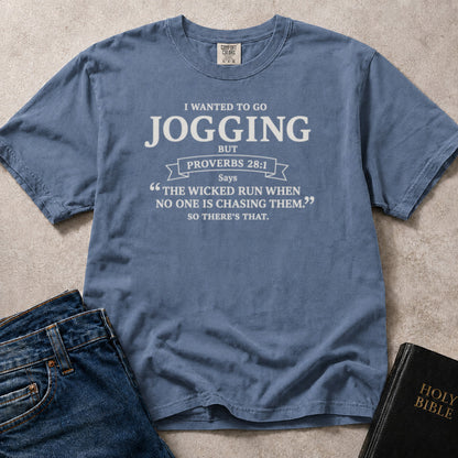 Blue (Blue Jean) Comfort Colors® 1717 tshirt showcasing a funny scripture inspired typographic design with a clean text focused layout.