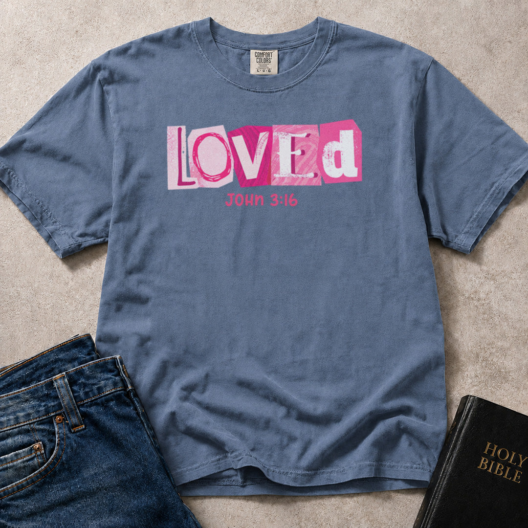 Blue jean Comfort Colors 1717 Christian t-shirt with pink 'LOVED' text and John 3:16.