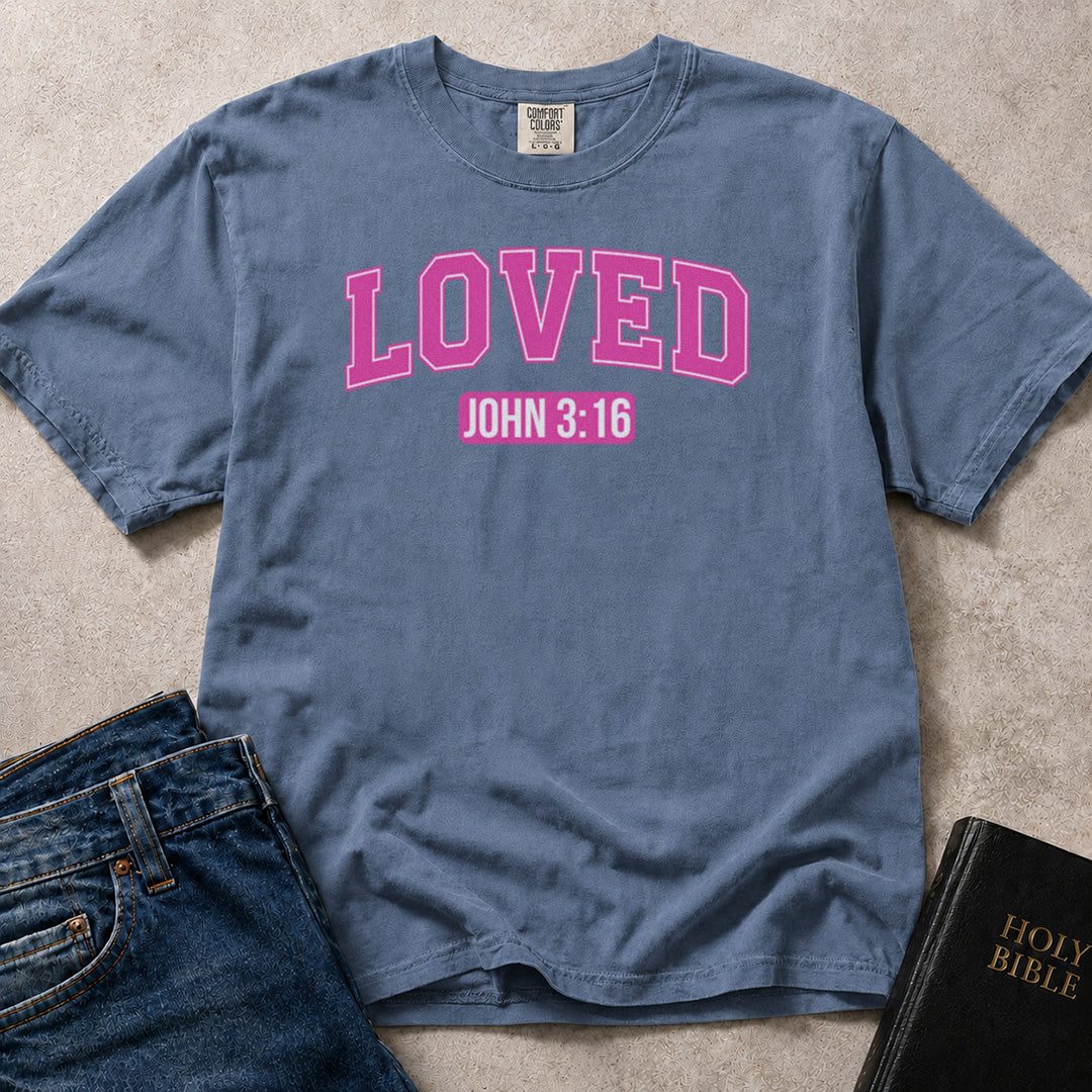 Blue (Blue Jean) Comfort Colors® 1717 tee featuring a faith inspired Loved John 3:16 varsity style graphic with an uplifting feel.