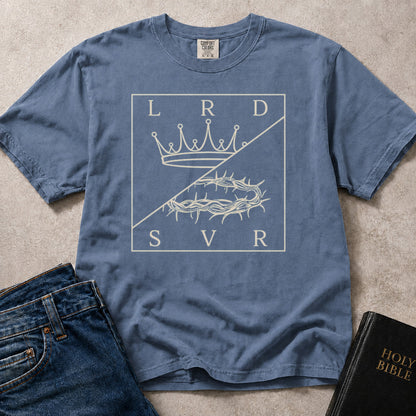 Blue (Blue Jean) Comfort Colors® 1717 tee with a faith-inspired Lord and Savior graphic showing a royal crown and crown of thorns artwork.