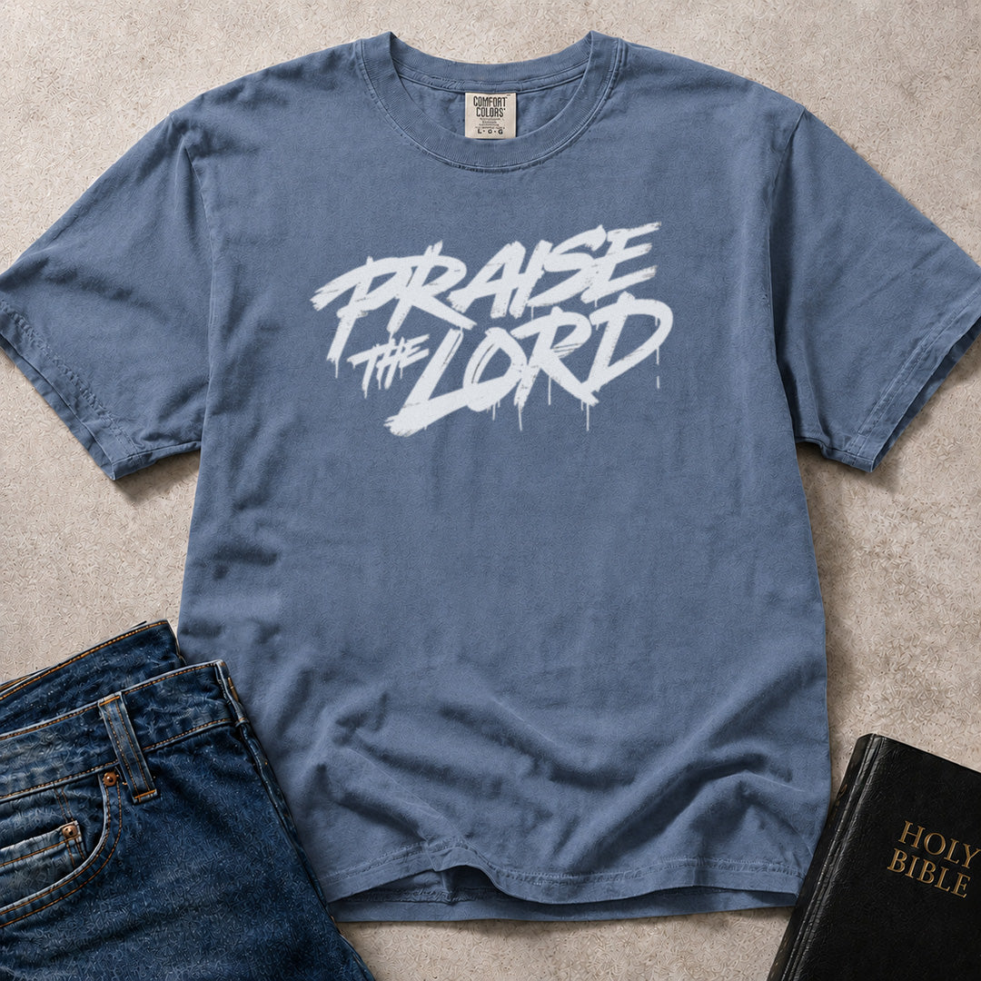 Praise the Lord Christian typography graphic on a blue (Blue Jean) Comfort Colors 1717® shirt.