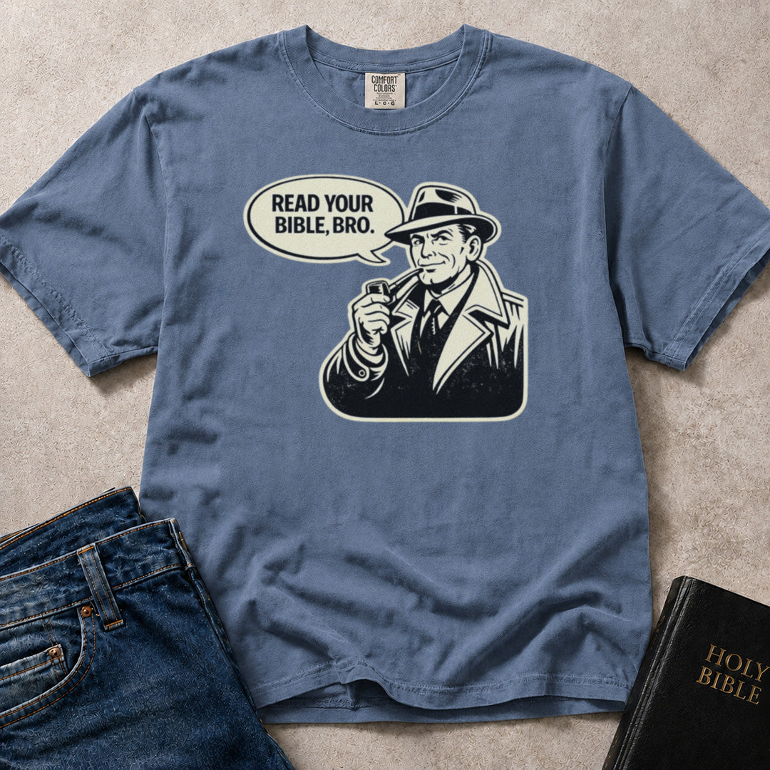 Comfort Colors 1717 blue jean Christian  t-shirt with a retro graphic of a man in a suit and hat and text 'Read your Bible, bro.' 