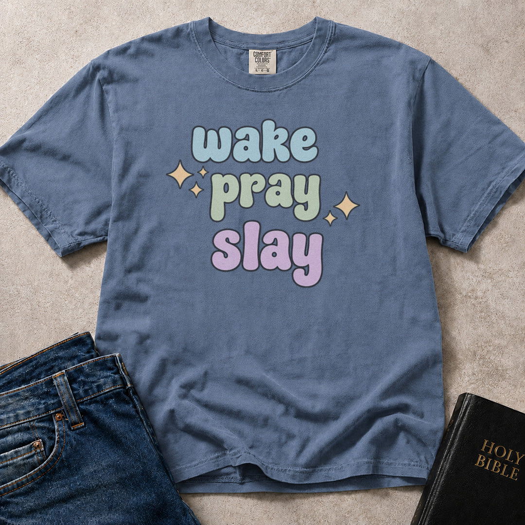 Blue (Blue Jean) Comfort Colors® 1717 tee with an encouraging Wake Pray Slay typographic Christian design for women.