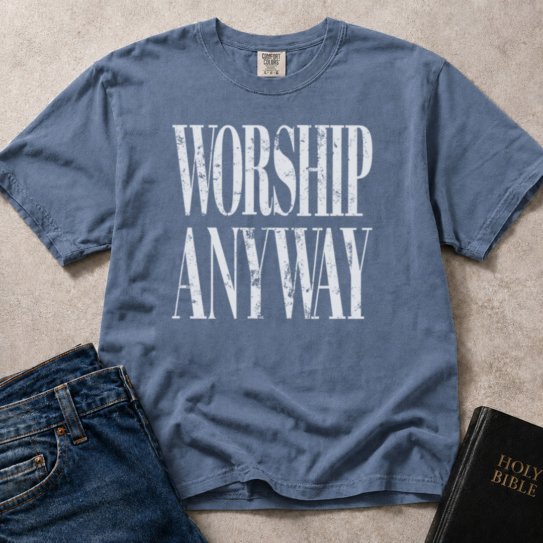 Blue (Blue Jean) Comfort Colors® 1717 Christian tshirt showcasing uplifting typography centered on trusting God through difficult moments.