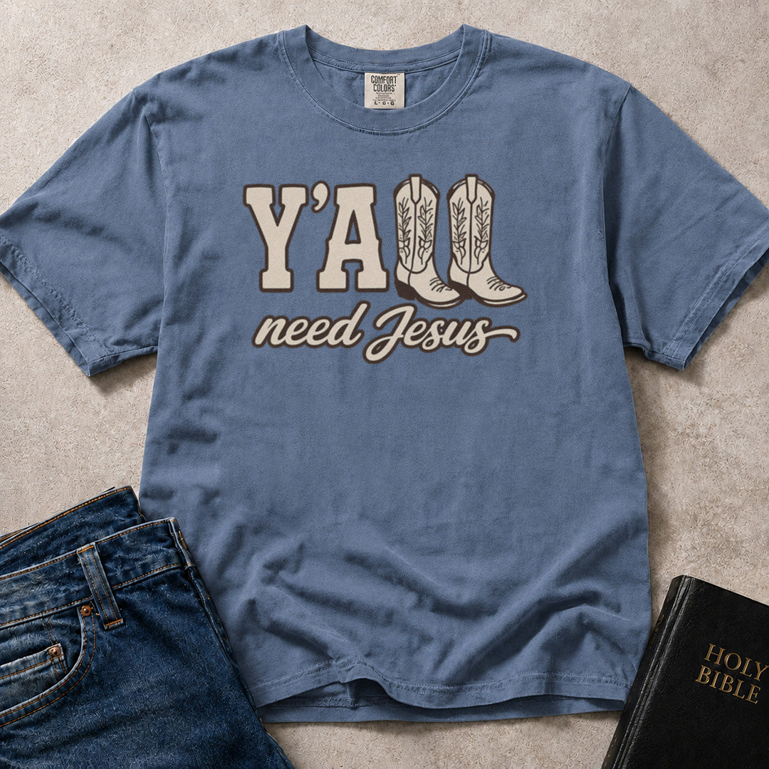 Blue (Blue Jean) Comfort Colors® 1717 tee with a fun faith-based Y'all Need Jesus graphic design and cowboy boots artwork.