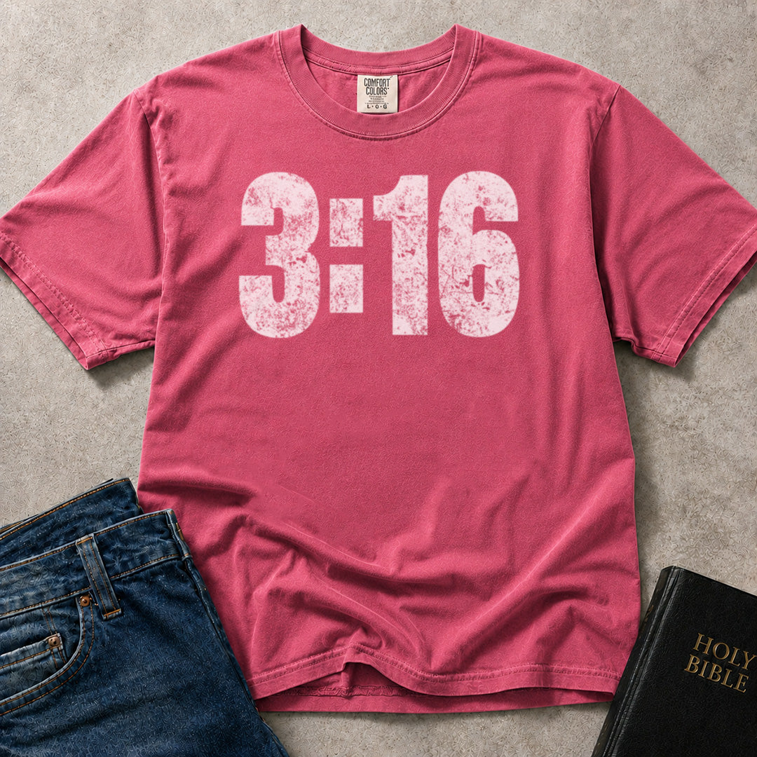 John 3:16 Christian graphic on pink (Crunchberry) Comfort Colors 1717® t-shirt.