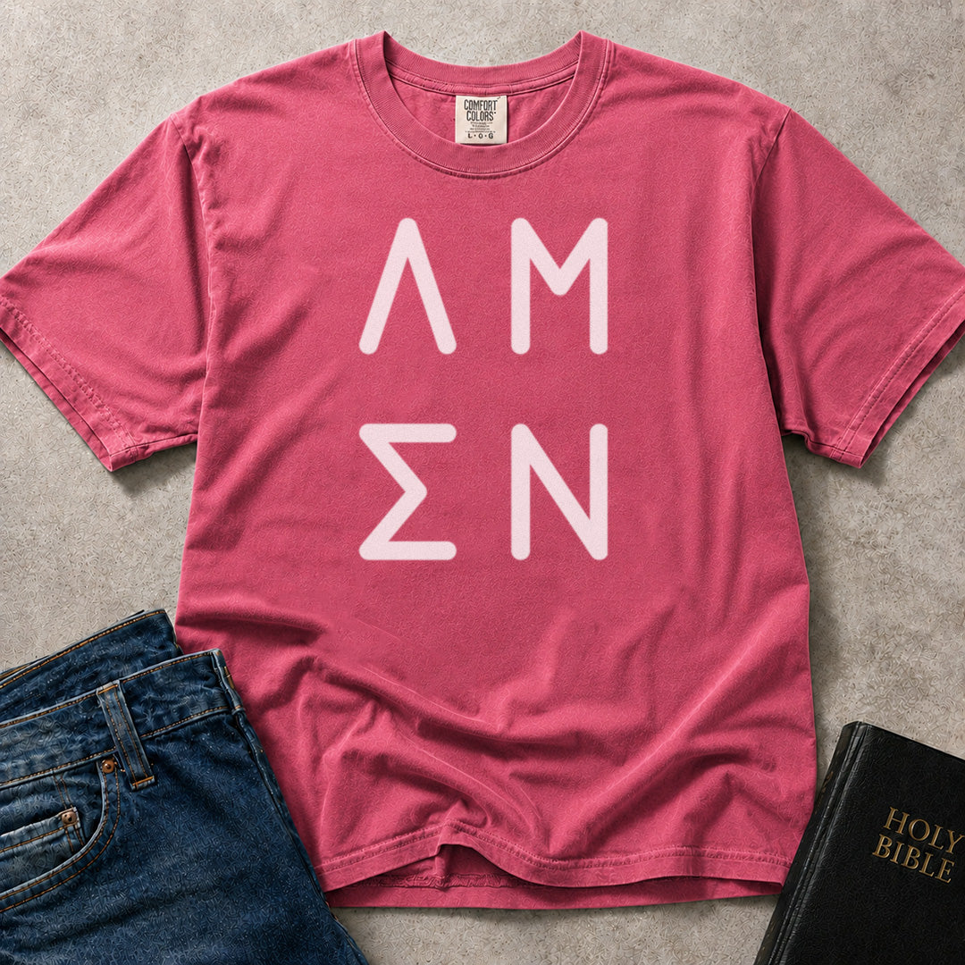 Pink (Crunchberry) Comfort Colors® 1717 faith inspired tshirt displaying modern Amen typography with a soft encouraging feel.
