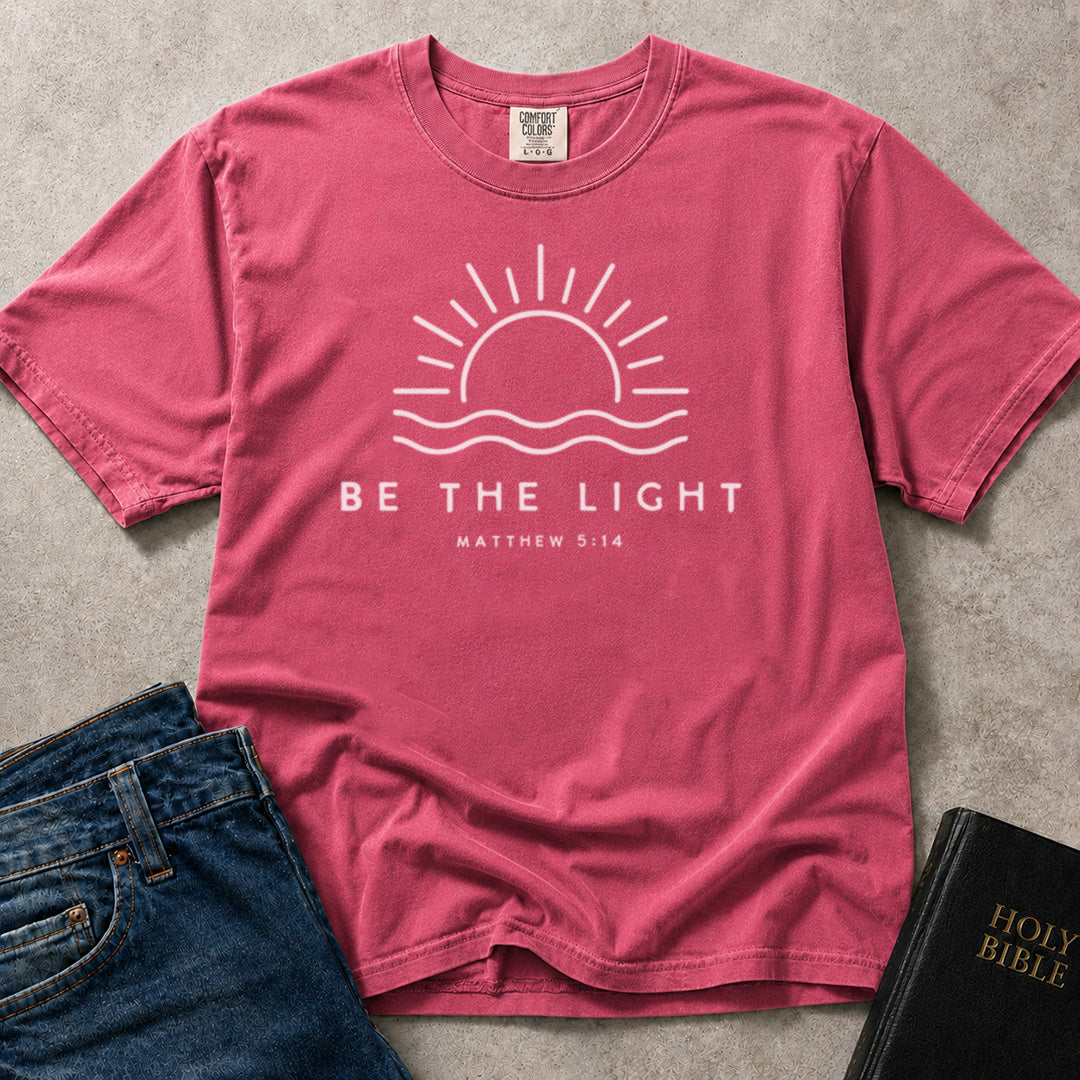 Pink (Crunchberry) Comfort Colors® 1717 meaningful Christian tshirt with Be the Light graphic artwork based on Matthew 5:14.