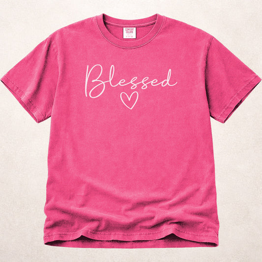 Blessed faith inspired text design on pink (Crunchberry) Comfort Colors 1717® tee.