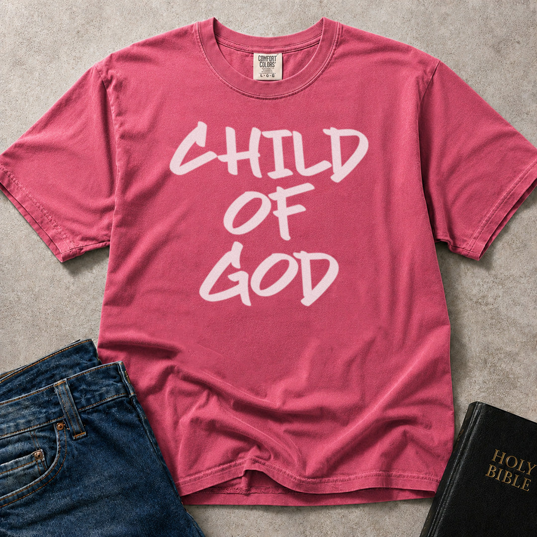 Child of God faith statement design on pink (Crunchberry) Comfort Colors 1717® t-shirt.