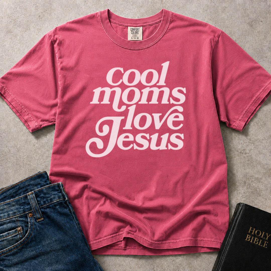 Pink (Crunchberry) Comfort Colors® 1717 women’s tee featuring uplifting Christian text that reads “Cool Moms Love Jesus” in a fun, relaxed typographic look.