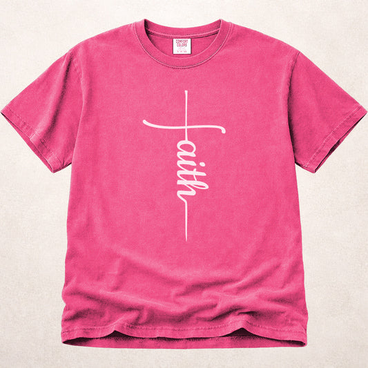 Pink (Crunchberry) Comfort Colors® 1717 t-shirt with cross and faith script design.