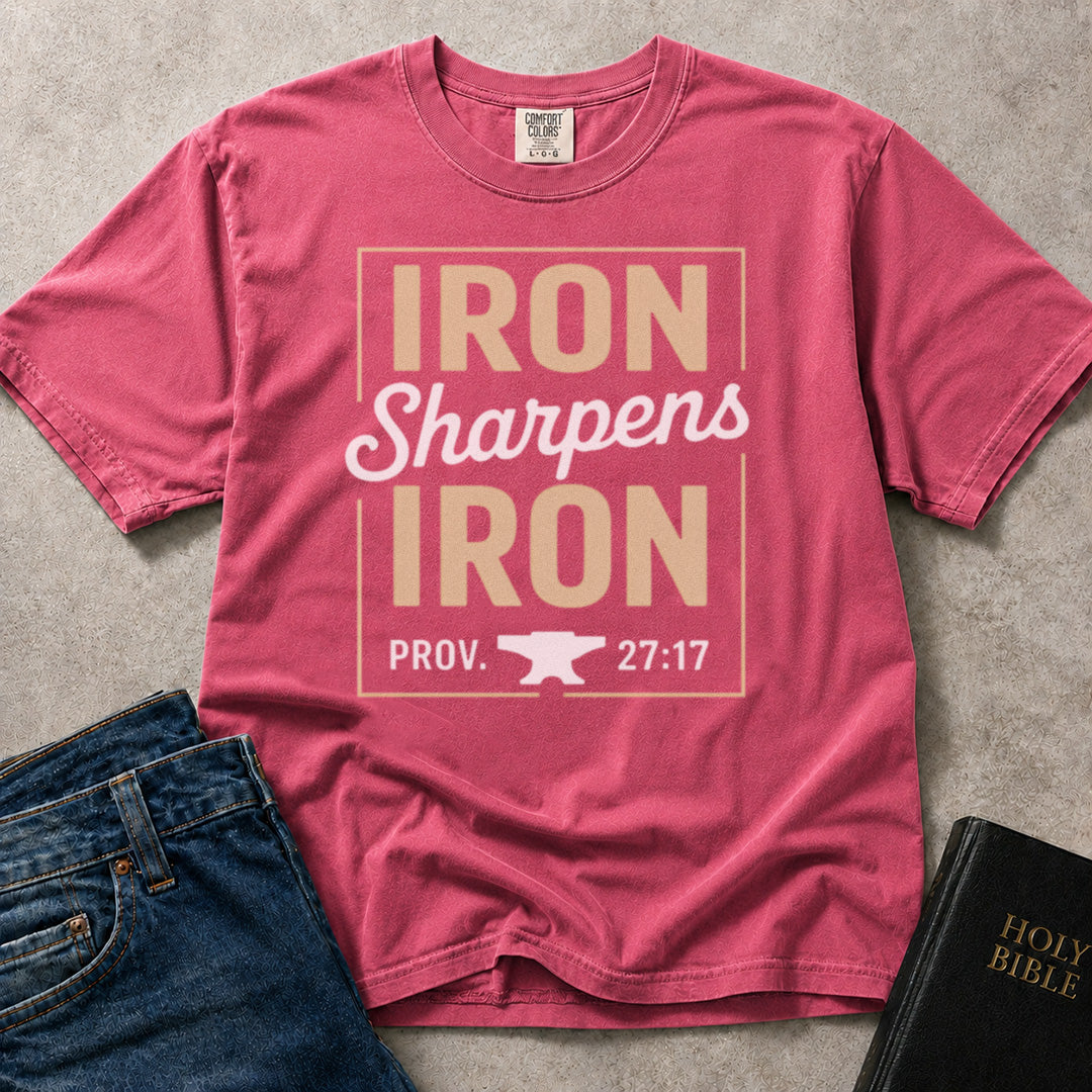 Pink (Crunchberry) Comfort Colors® 1717 t-shirt with Iron Sharpens Iron text and Proverbs 27:17 reference.