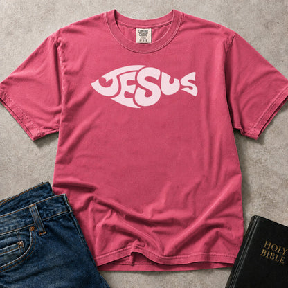 Jesus Fish Christian symbol on pink (Crunchberry) Comfort Colors 1717® tee.