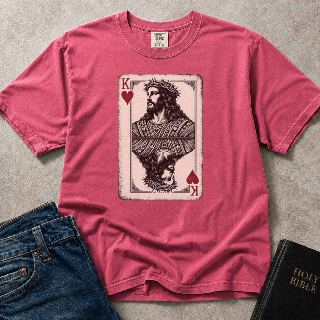 Pink (Crunchberry) Comfort Colors® 1717 faith inspired tshirt displaying a meaningful King of Hearts graphic featuring Jesus.