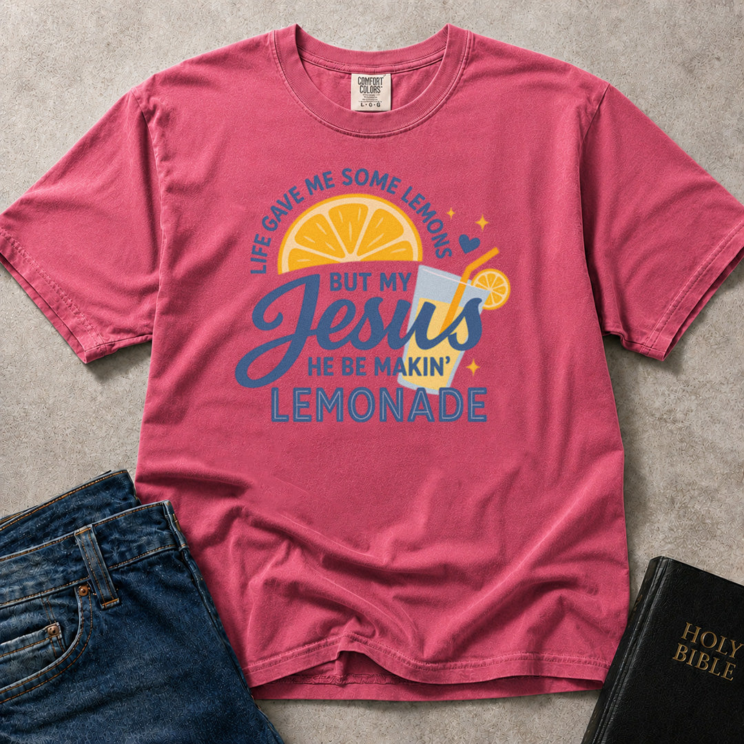 Pink (Crunchberry) Comfort Colors® 1717 graphic faith inspired tshirt displaying playful lemonade imagery and a funny Jesus themed design.