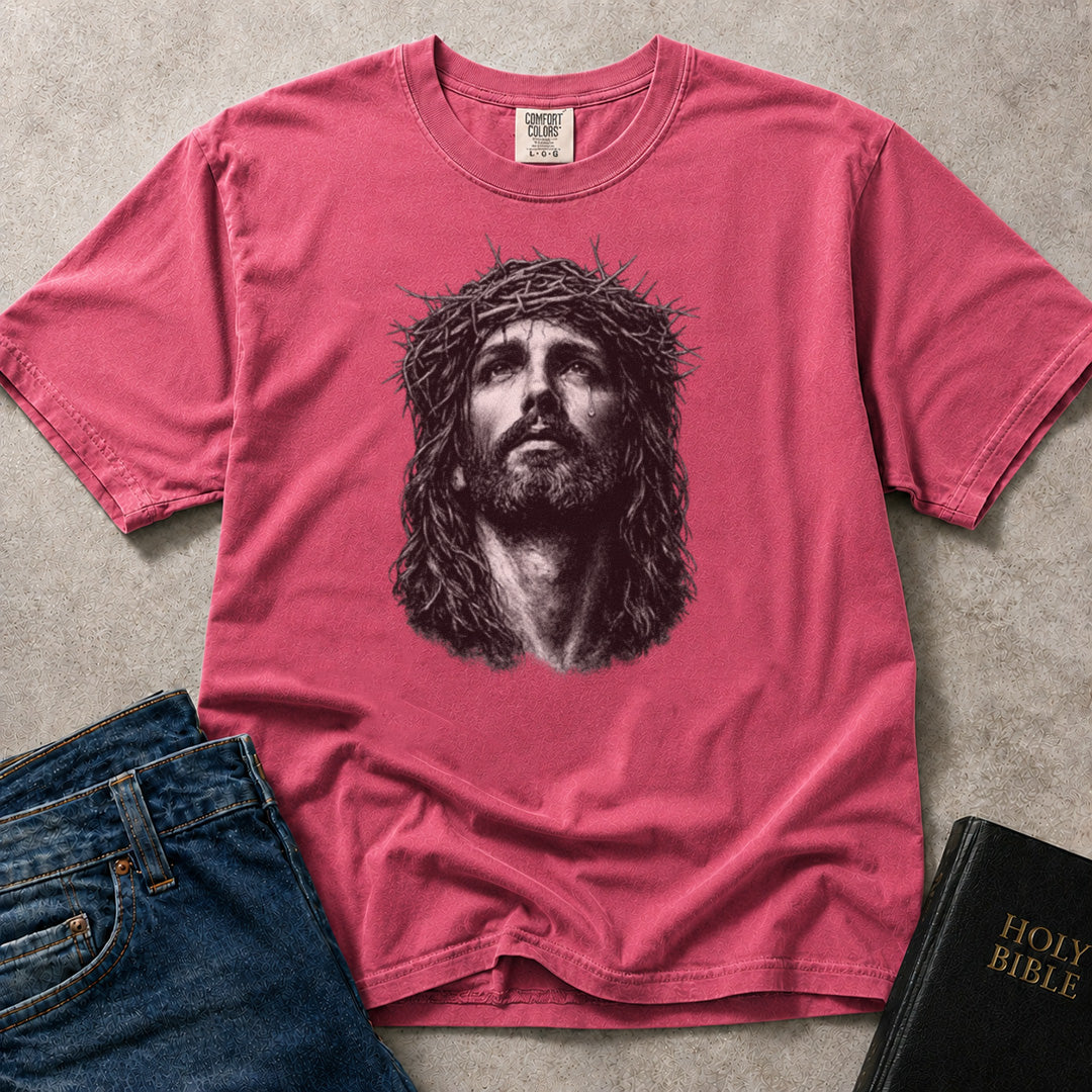Crown of Thorns Jesus Portrait faith based design on pink (Crunchberry) Comfort Colors 1717® shirt.