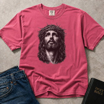 Crown of Thorns Jesus Portrait faith based design on pink (Crunchberry) Comfort Colors 1717® shirt.