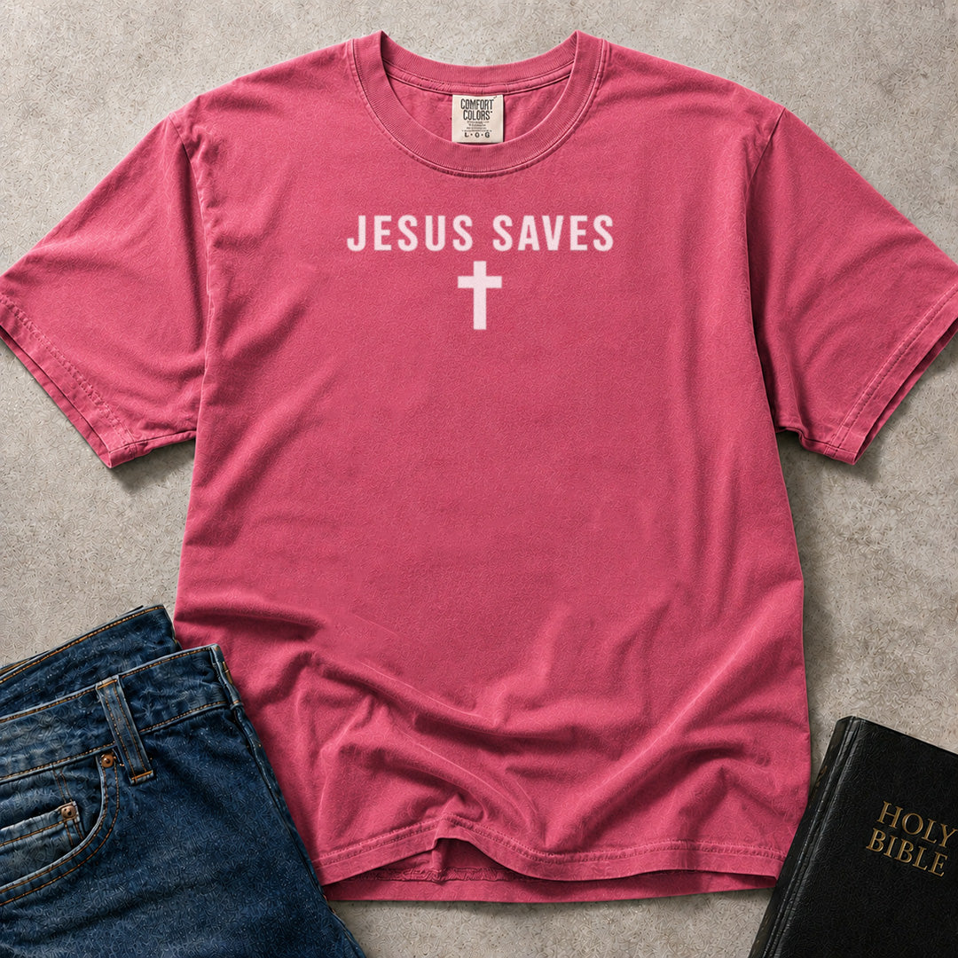 Jesus Saves minimalist design on pink (Crunchberry) Comfort Colors 1717® t-shirt.