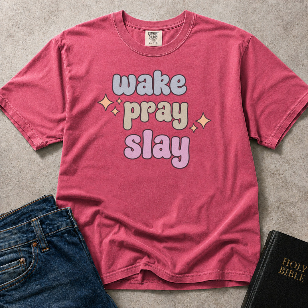 Pink (Crunchberry) Comfort Colors® 1717 women’s tee with Christian wording that reads Wake Pray Slay.
