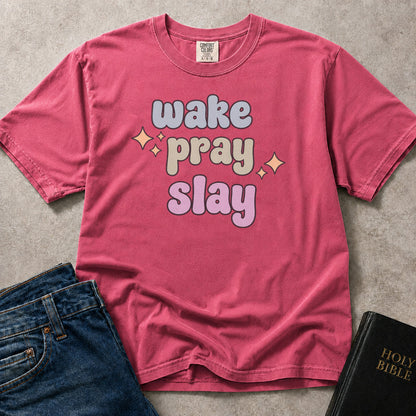 Pink (Crunchberry) Comfort Colors® 1717 women’s tee with Christian wording that reads Wake Pray Slay.