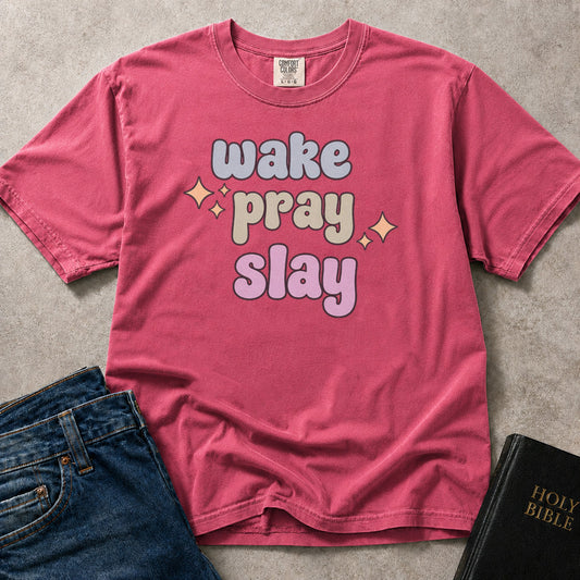Pink (Crunchberry) Comfort Colors® 1717 women’s tee with Christian wording that reads Wake Pray Slay.