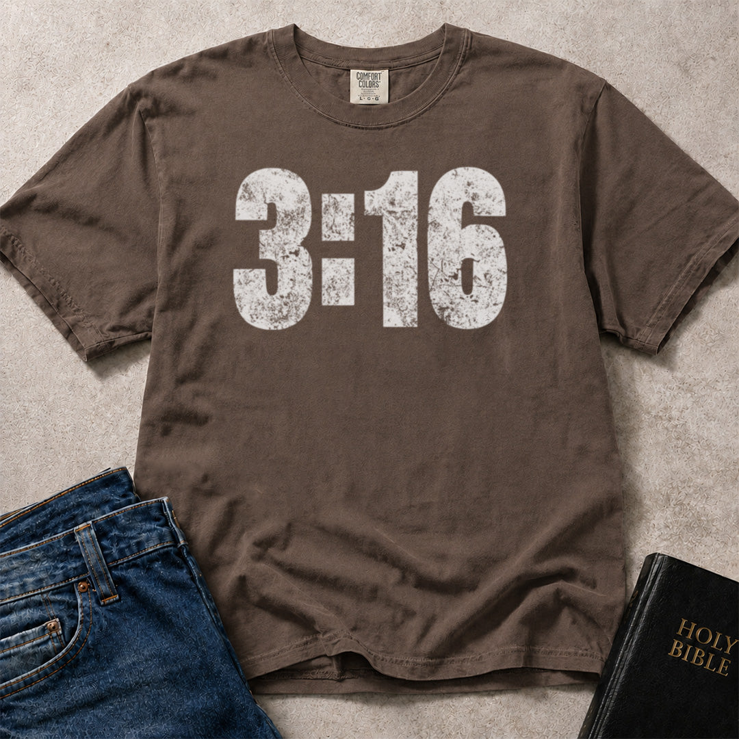 John 3:16 Bible verse graphic on brown (Espresso) Comfort Colors 1717® t-shirt.