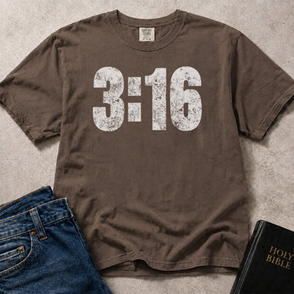 John 3:16 Bible verse graphic on brown (Espresso) Comfort Colors 1717® t-shirt.