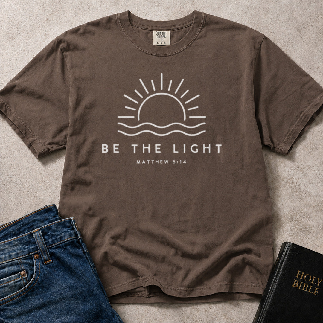 Brown (Espresso) Comfort Colors® 1717 faith based t-shirt with Be the Light artwork inspired by the message of Matthew 5:14.