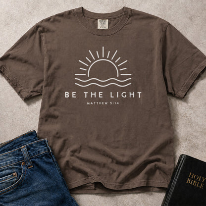 Brown (Espresso) Comfort Colors® 1717 faith based t-shirt with Be the Light artwork inspired by the message of Matthew 5:14.