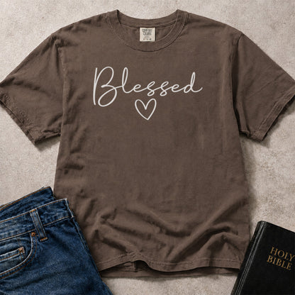 Blessed Christian message print on brown (Espresso) Comfort Colors 1717® shirt.