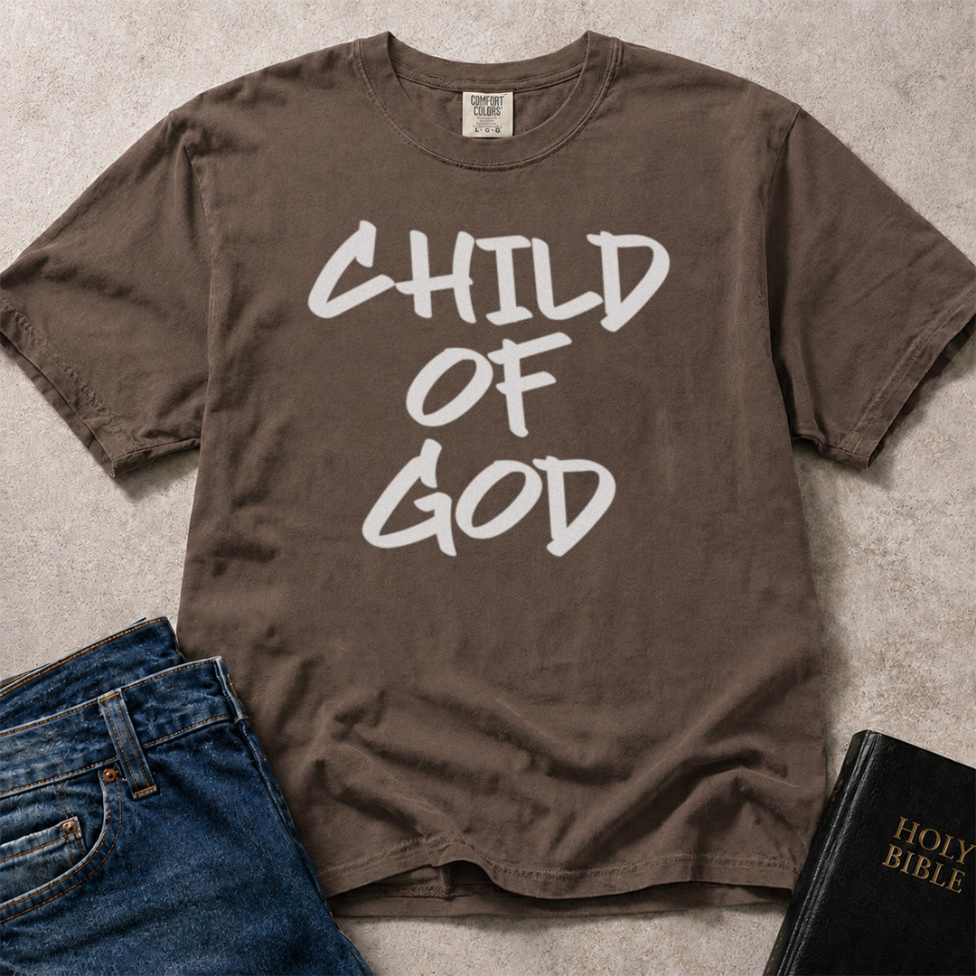 Child of God Biblical message design on brown (Espresso) Comfort Colors 1717® tee.