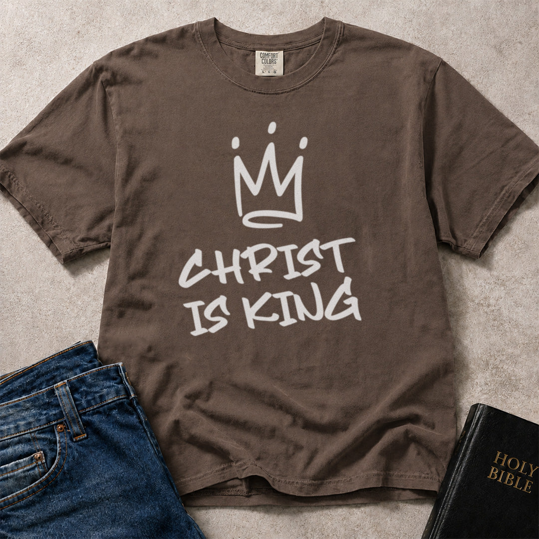 Brown Comfort Colors 1717 Christian t-shirt with 'Christ is King' text and crown graphic.