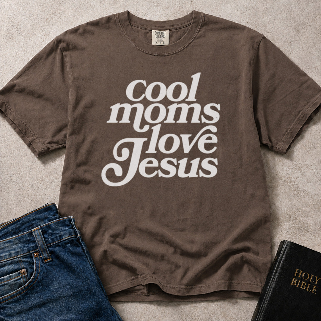Brown (Espresso) Comfort Colors® 1717 women’s t-shirt with faith inspired text that reads Cool Moms Love Jesus.