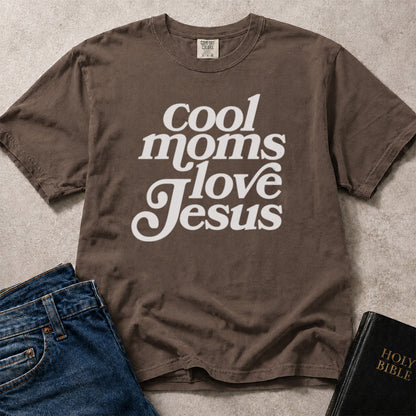 Brown (Espresso) Comfort Colors® 1717 women’s t-shirt with faith inspired text that reads Cool Moms Love Jesus.