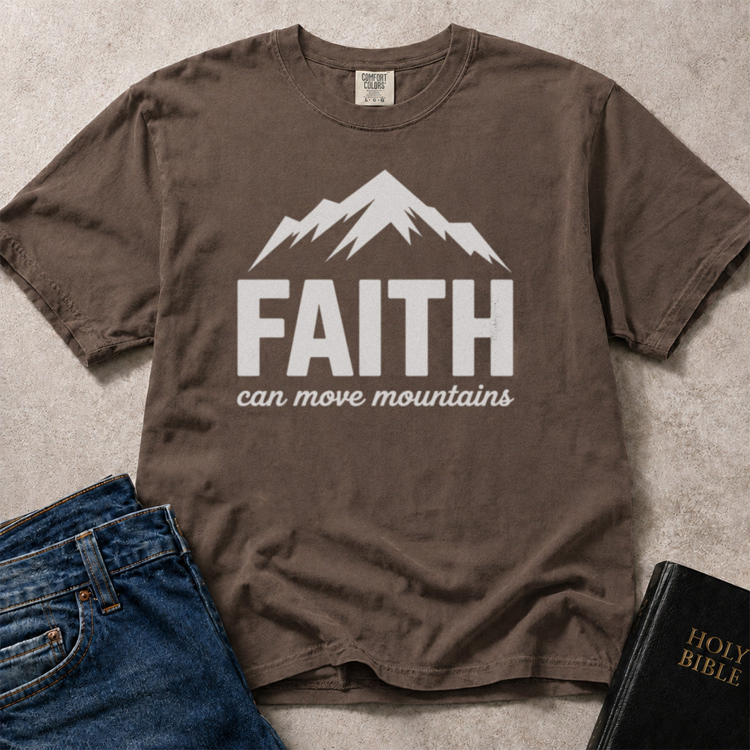 Brown Christian t-shirt with 'FAITH can move mountains' text and mountain graphic on a Comfort Colors 1717 espresso.
