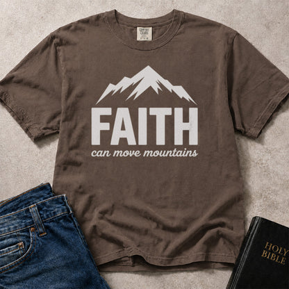 Brown Christian t-shirt with 'FAITH can move mountains' text and mountain graphic on a Comfort Colors 1717 espresso.