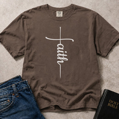 Brown (Espresso) Comfort Colors® 1717 tee with cross and faith text in a clean script style.