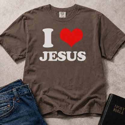 Brown (Espresso) Comfort Colors® 1717 tee with I Love Jesus and heart symbol.