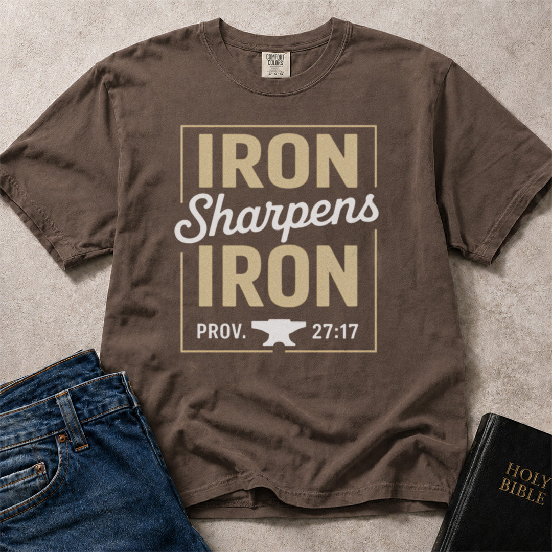 Brown (Espresso) Comfort Colors® 1717 tee with Iron Sharpens Iron text and Proverbs 27:17 scripture.