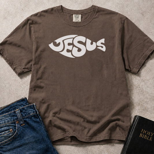 Jesus Fish Word Art Christian design on brown (Espresso) Comfort Colors 1717® shirt.