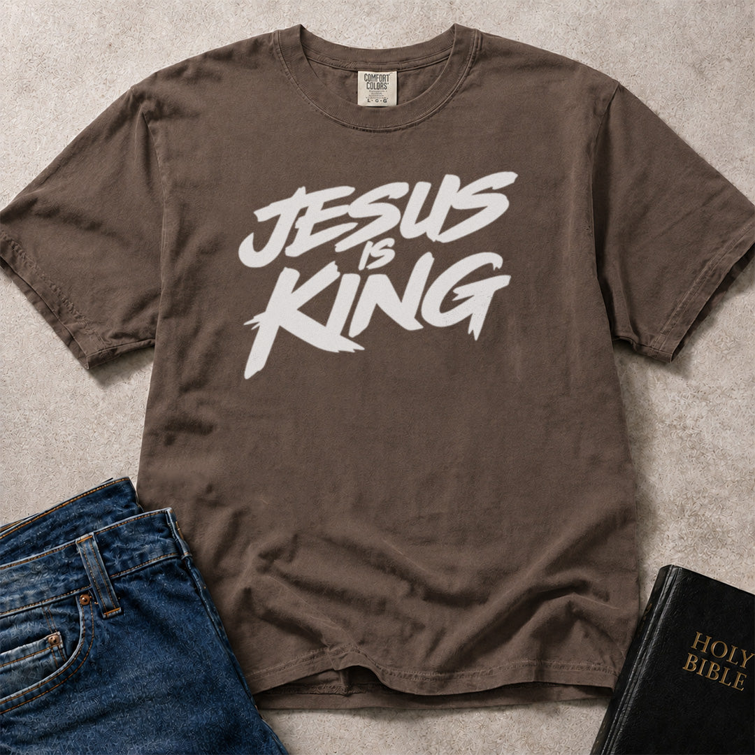 Brown (Espresso) Comfort Colors® 1717 tee with Jesus Is King text in a streetwear graffiti design.