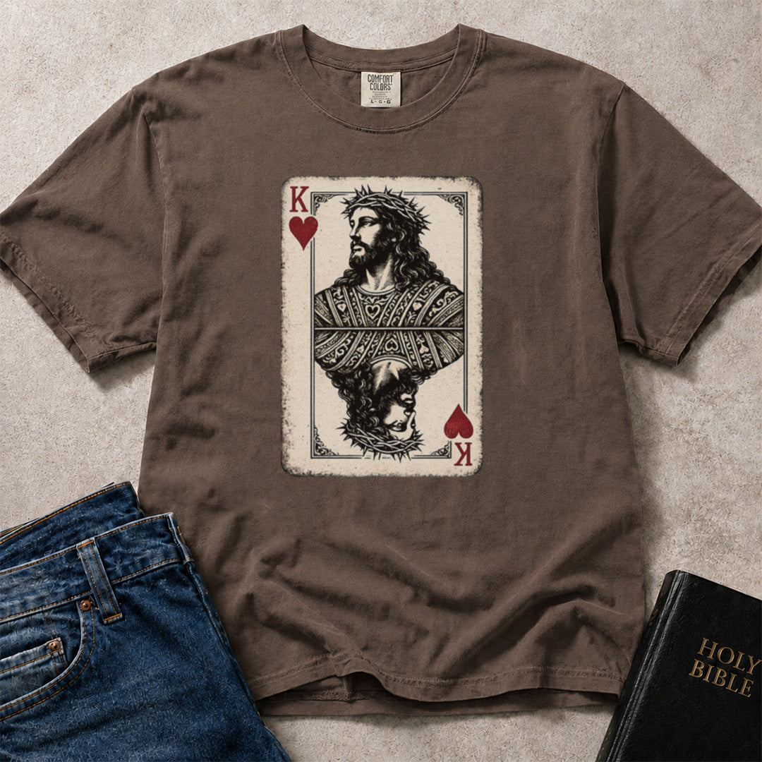 Brown (Espresso) Comfort Colors® 1717 faith based t-shirt featuring King of Hearts artwork centered around Jesus and Christian faith.