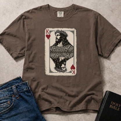 Brown (Espresso) Comfort Colors® 1717 faith based t-shirt featuring King of Hearts artwork centered around Jesus and Christian faith.