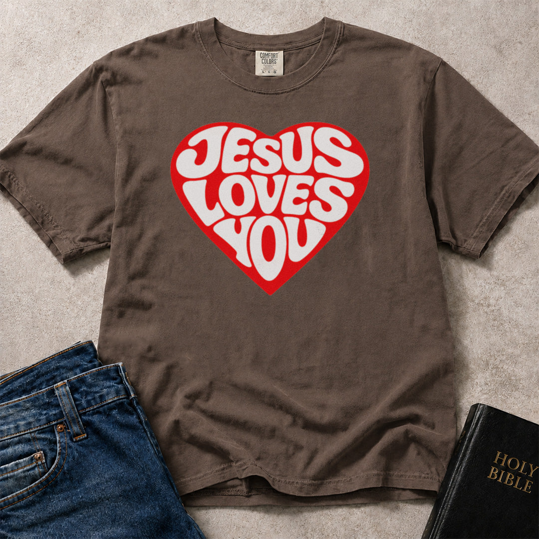 Brown (Espresso) Comfort Colors® 1717 t-shirt with a heart graphic and "Jesus Loves You" in retro style lettering.