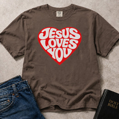 Brown (Espresso) Comfort Colors® 1717 t-shirt with a heart graphic and "Jesus Loves You" in retro style lettering.