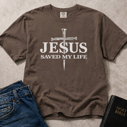 Brown (Espresso) Comfort Colors® 1717 tee with Jesus Saved My Life faith based cross graphic.