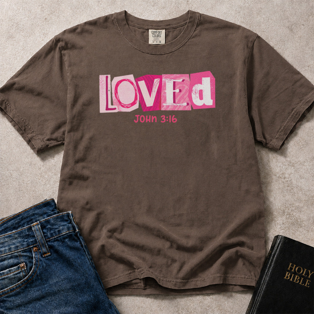 Espresso Comfort Colors 1717 Christian t-shirt with pink 'LOVED' text and John 3:16.