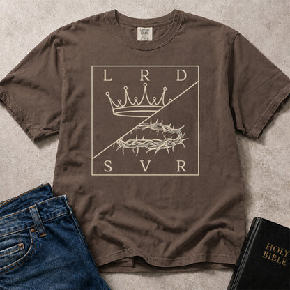 Brown (Espresso) Comfort Colors® 1717 t-shirt featuring a graphic Christian design with a royal crown and crown of thorns illustrating Jesus as Lord and Savior.
